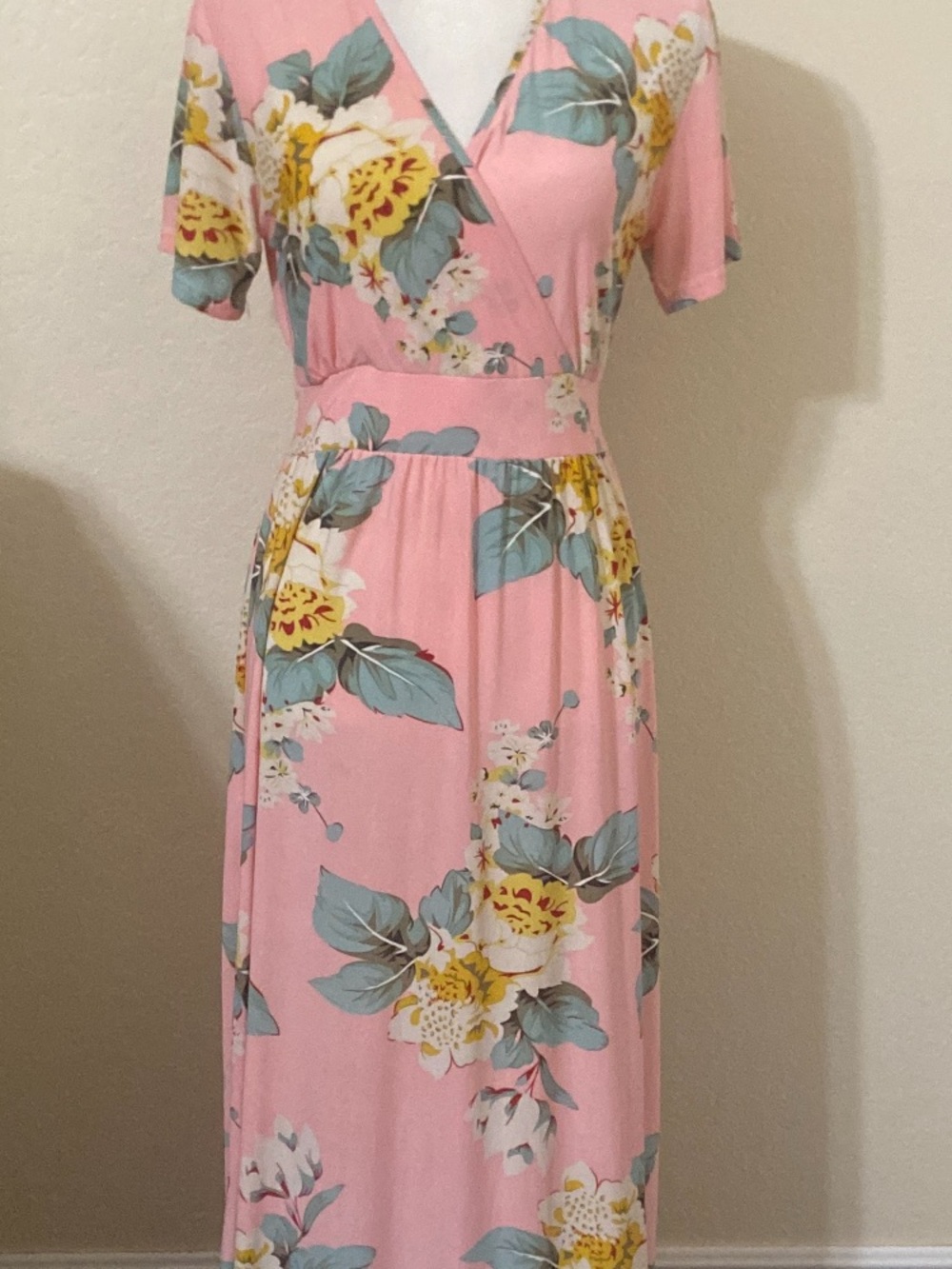 Kalli Collection Pink Floral Wrap Maxi Dress with Yellow Blooms
